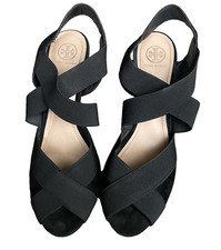 Tory Burch Women's Size 11M Black Suede Elastic Strap Wedge Heels