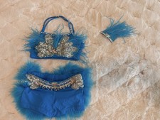 Child small sassy jazz Blue Sequin Feather Rhinestone 2-Piece Dance Costume