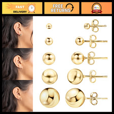 18K Gold Plated Ball Stud Earrings Set, 3-10MM, 5 Pack, High Polish Finish