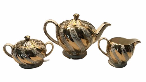 VINTAGE SADLER GOLD SWIRL TEAPOT MILK JUG / CREAMER & SUGAR BOWL - Picture 3 of 8