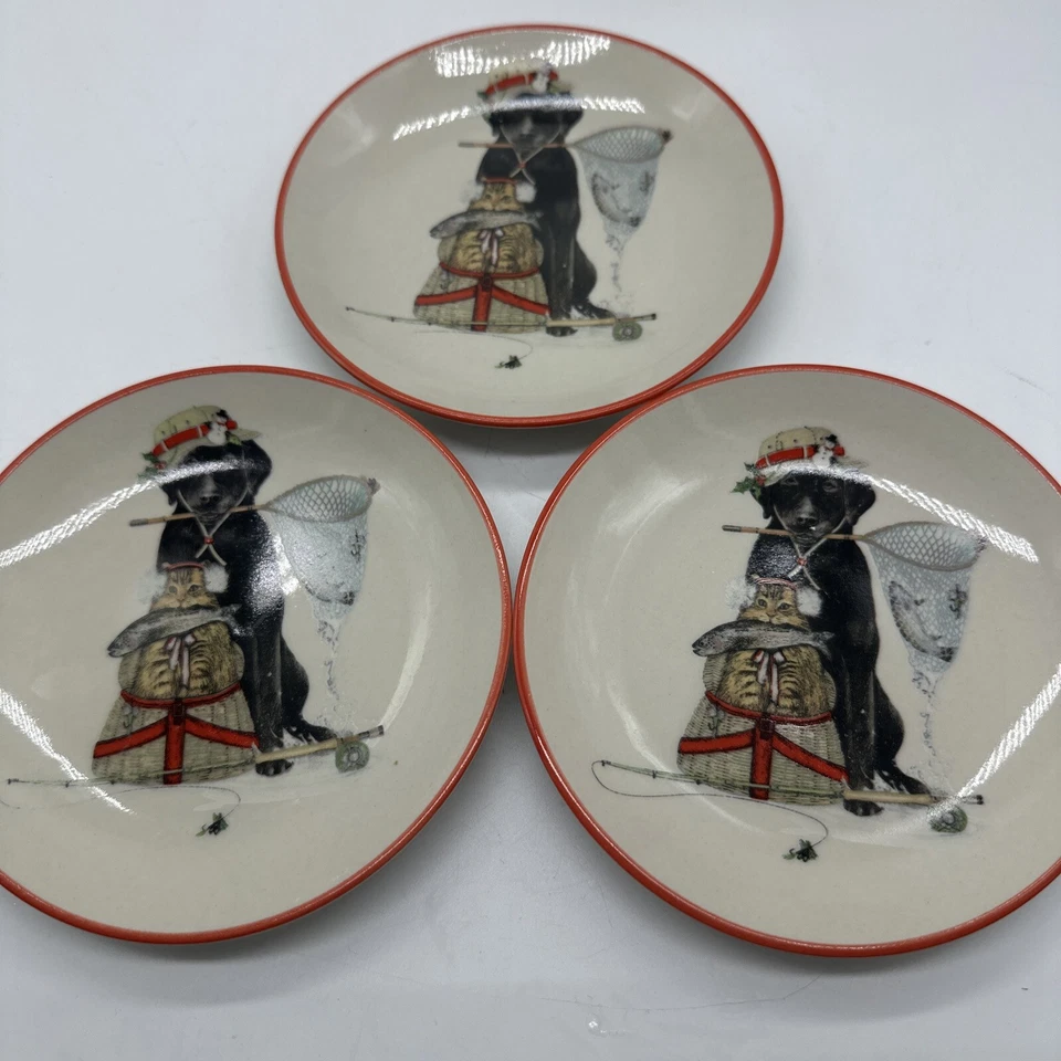 Mary Lake-Thompson Stoneware  Appetizer Plates, Set of 3 Fishing Dog Cat For Dad - Image 2 of 4