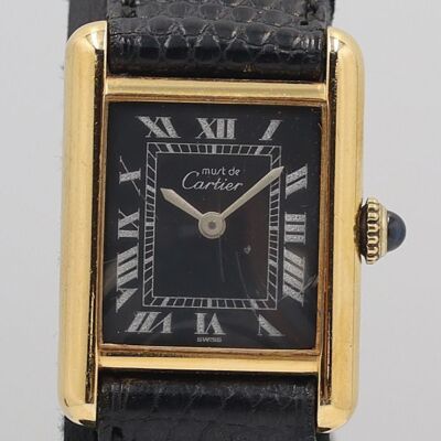 Cartier Must Tank 3 034091 SV925 Leather QZ Black Dial Ladies