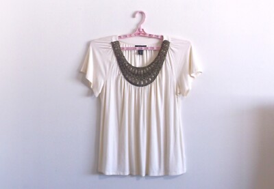 STYLE & CO Royal Scoop Neck Top Women Sz L NWOT Golden Neckline Cream Blouse