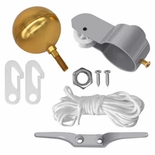 9 Pcs Flag Pole Parts Repair Kit 2" Truck Pulley Gold Ball Cleat Clips Rope FLAG