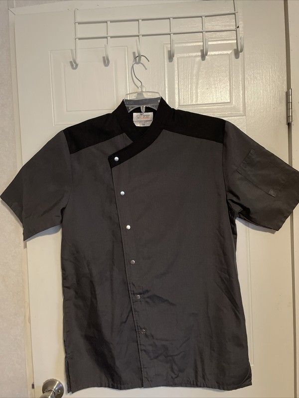 Happy Chef Jacket Adults Size XS Culinary Gray/Black Shirt Offset Snap w/ Pocket