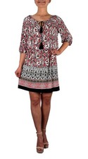 Tribal Floral Print Summer Shift Dress Vintage Boho Neck Tie L