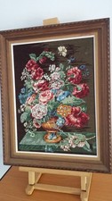 ANCIEN CANEVAS TAPISSERIE ENCADREMENT BOIS VINTAGE BOUQUET DE FLEURS DECORATION