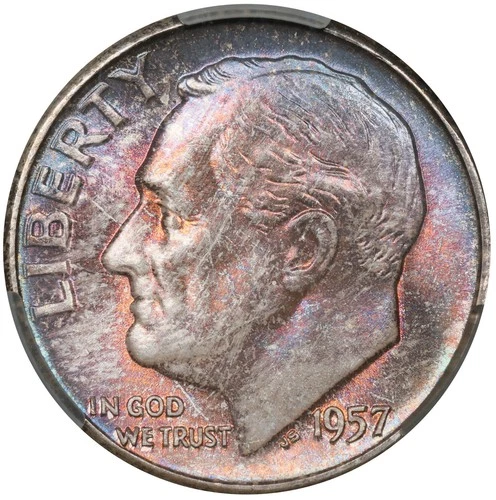 1957 Toned Roosevelt Dime CAC MS 66 See Video Toning Silver Coin CACG 10C