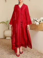 Sumaira Aurangzeb Red Pure Silk Angrakha Cut shirt with straight pants and