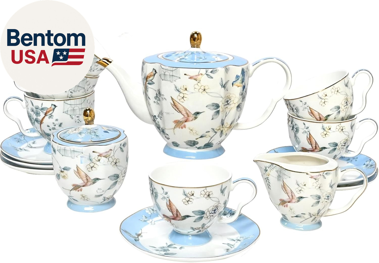 Set, Porcelain Tea Sets For Adults, Blue And White Bone China Tea