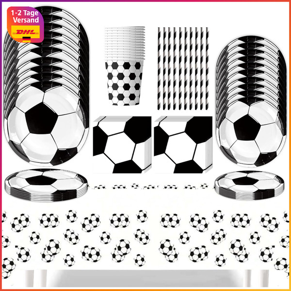 FußBall Partygeschirr Set 61 StüCk Pappteller Becher Servietten Tischdecke FüR-image