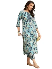 GoSriKi Women's Cotton Blend Printed Straight Kurta with Pant