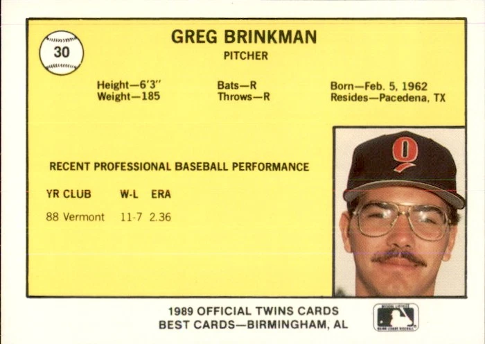 1989 Orlando Twins Best #30 Greg Brinkman Pasadena Texas TX - NM Baseball Card - Image 2 of 2