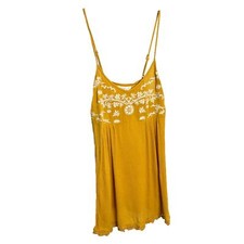 Forever 21 Women's Tank Dress Mini Yellow Strappy Embroidered Floral Boho M