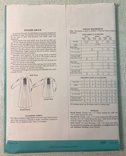 Folkwear #221 English Smock Sewing Pattern Unisex Sm-Lg Uncut FF - Picture 2 of 4