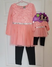 NEW DOLLIE And ME Kid and 18" American DOLL Pink matching Dress black Leggings