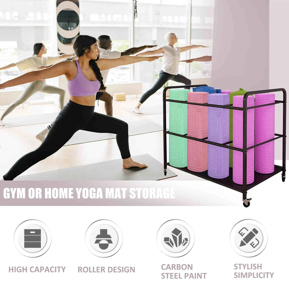 Yoga Mat Storage Rack Basket Workout Equipment Home Gym Storage Rack with Whe...