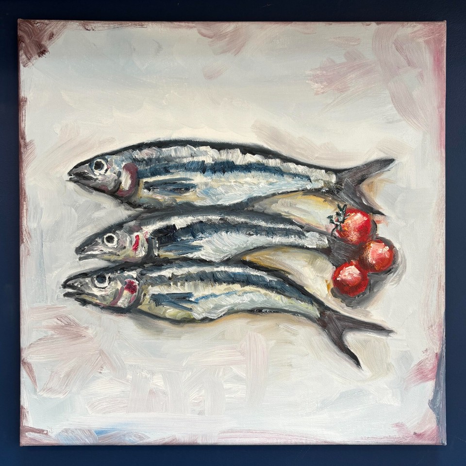 Original Oil Painting Kitchen Fish Sardines Italian Home Nude Lemon