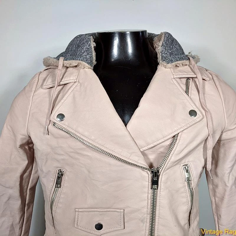 FOREVER 21 Cropped Faux Leather Biker JACKET Womens Size S Light pink insulated