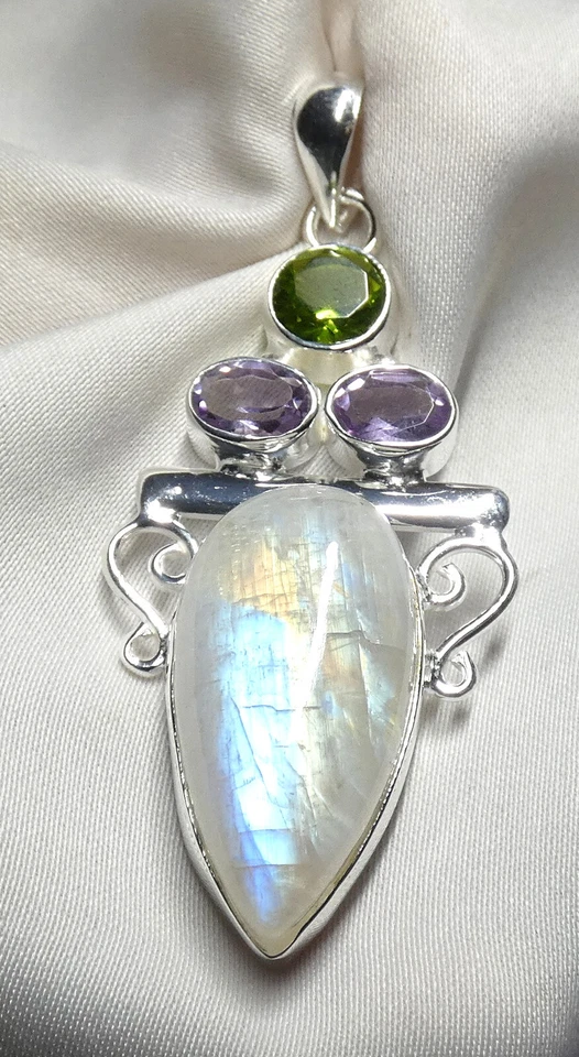 Mondstein, Amethyst, Peridot Anhänger 925 Silber großer Edeltstein Tropfen NEU - Bild 3 von 4