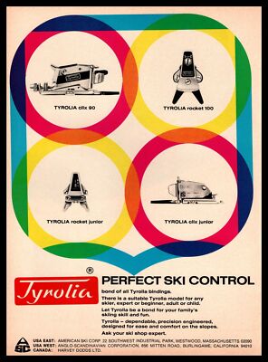 1969 Tyrolia Olix 90 Rocket 100 Clix Junior Ski Bindings Rainbow Colors Print Ad