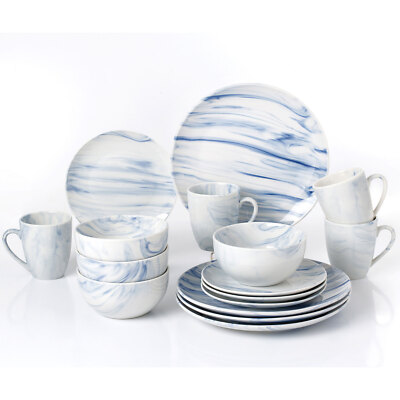 Lorren Home Trends Stylish Design 16-Piece Blue Marble  Porcelain Dinnerware Set