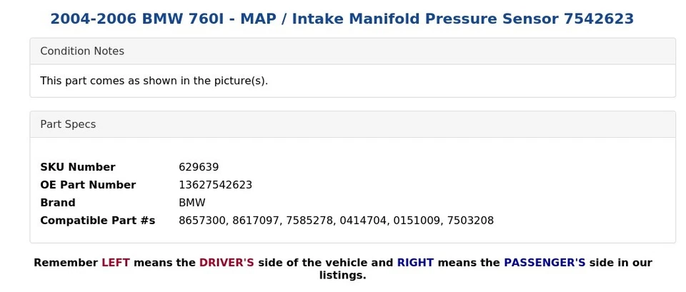 BMW 760I 2004-2006 - MAPA/Sensor de presión colector de admisión 7542623 Foto 3 de 3