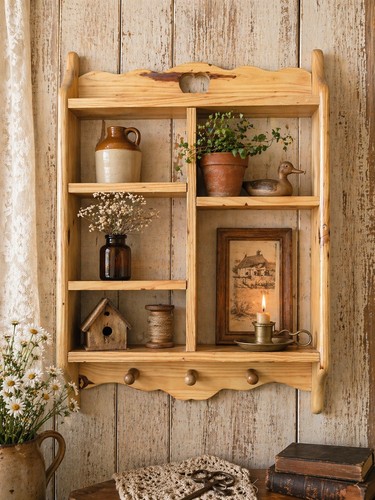 Vintage Wooden Wall Shelf Organizer Rustic Pine w/ Peg Hooks Heart Cutout