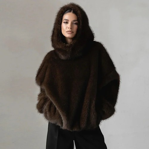 Women’s Brown Vegan Fur Hooded Coat Loose Warm Winter Jacket