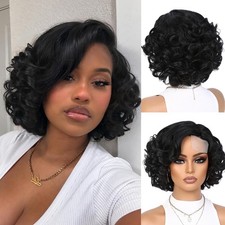 Short Curly Wigs for Black Women Black Side Part Curly Bob Wig Natural HairLine,