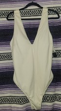 H M Ivory Ribbed Knit One Piece Bathing Suit Swim Suit Sz XL Padded NWT High Leg