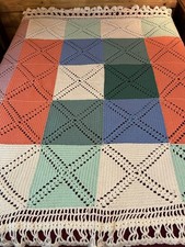 Coperta quadrata nonna lancio afgano fatta a mano uncinetto patchwork frange casetta