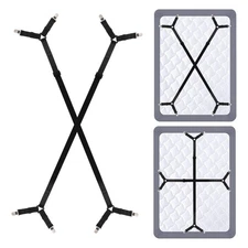 2Pcs Bed Sheet Holder Straps Elastic Adjustable 2 Way Cross 4 Clips, Black