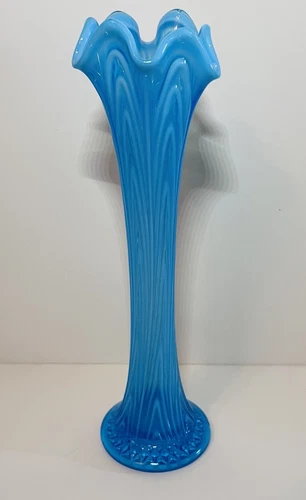 Fenton Blue Opalescent Reverse Drapery Boggy Bayou Novelty Vase 12 1/4” EUC