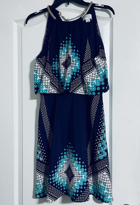 jessica simpson blue halter dress Women’s Navy White Geometric Maxi 6 Chiffon Code exclusions - Christmas + Hanukkah