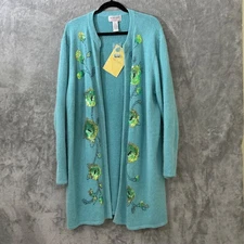 Victor Costa Occasion women 2X Cardigan Long Line Open Silk Mix embellished Blue