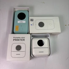 Lot of 2 Used Mini Thermal Label Printers Inkless Bluetooth Turquoise and White