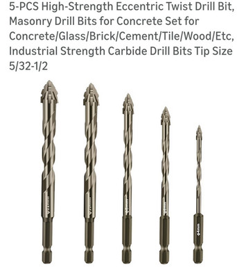 5-Piece Carbide Twist Masonry Drill Bit Set for Concrete, Glass, Tile