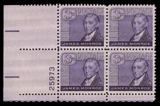 US Scott # 1105, James Monroe by Stuart, Plate Block of 1958 3¢ Stamps, MNH