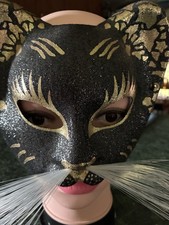 Kitty-Cat Masquerade Mask, Black And Gold Trim Clear Whiskers Made In Italy