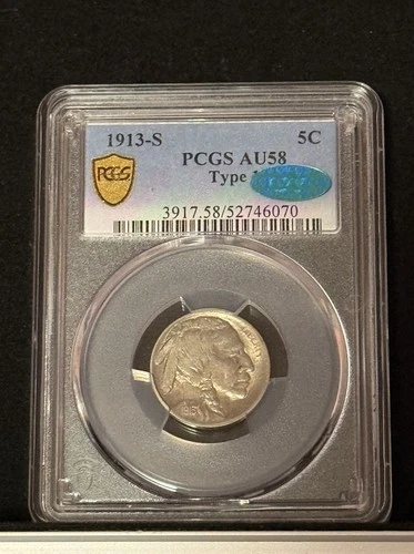 PCGS GOLD SHIELD 1913 S TYPE 1 BUFFALO NICKEL  AU58 *GREEN CAC!!