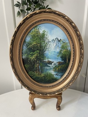 Vintage Landschaft Ölgemälde oval vergoldet Wasserfall Berg Palette Messer Kunst