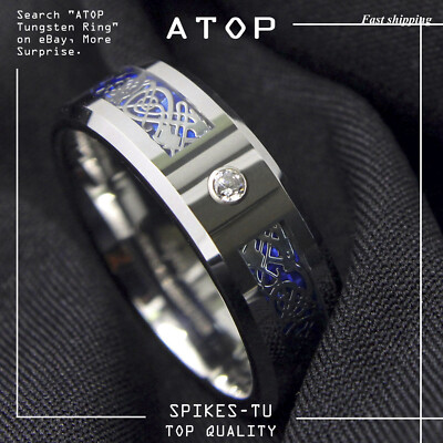 8mm CZ Silver Celtic Dragon Tungsten Carbide Ring Wedding Band ATOP Men Jewelry