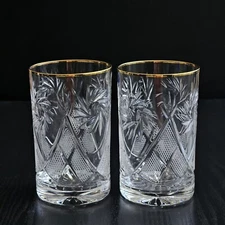 Set of 2 Russian Vintage Crystal Tea Glass 8.5 Oz with Golden Rim