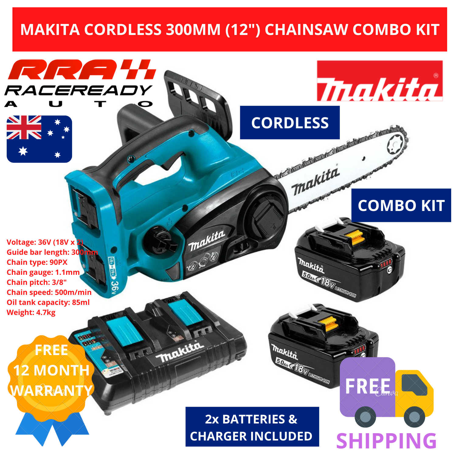 Makita Cordless Chainsaw 300mm (12") 36V 5.0Ah Combo Kit With Battery