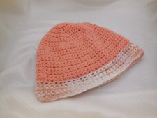 New Hand Crocheted Beanie Skull Cap, Coral with Variegated Band 22" NWT