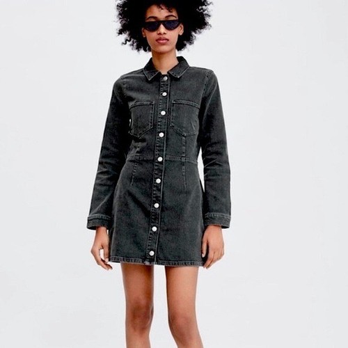 Zara Black Denim Long Sleeve Dress Size 