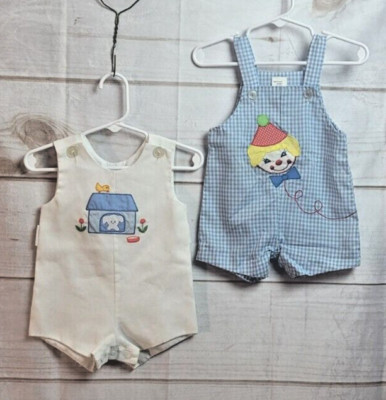 Boys Sunsuits Rompers Blue/White Check Clown Applique ~ White Doghouse Sz 6-9Mos