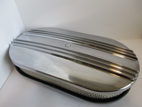 15" Nostalgia Polished Aluminum Half Finned Oval Air Cleaner Kit Street Rod - Bild 2 von 2