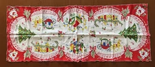 Vintage Christmas Table Runner House Songs Carolers Carriage FLAWS
